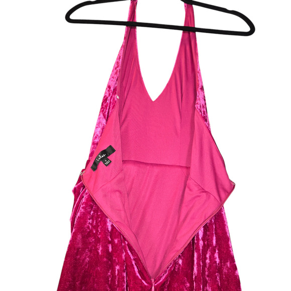 Lulus Womens Small Pink Velvet Maxi Dress Halter Slit Formal Prom Stretch NYE - Picture 13 of 16